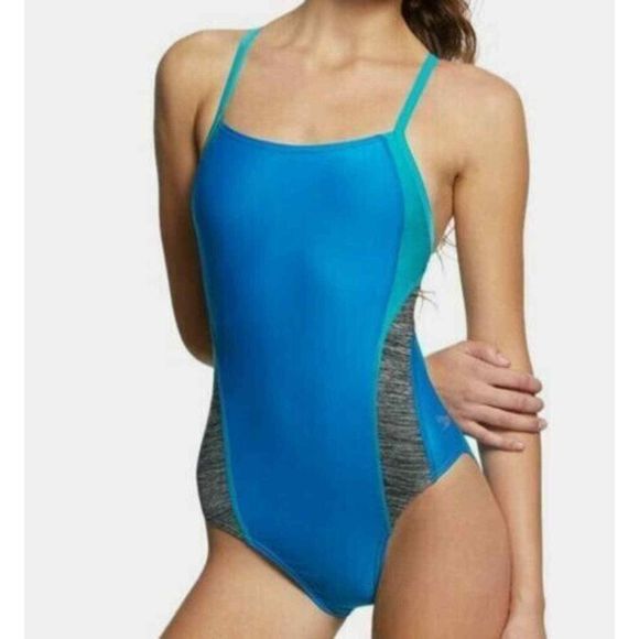 $49 Speedo Women's Blue Splice Flyback One-Piece Swimsuit Size 26‎ - Picture 1 of 3